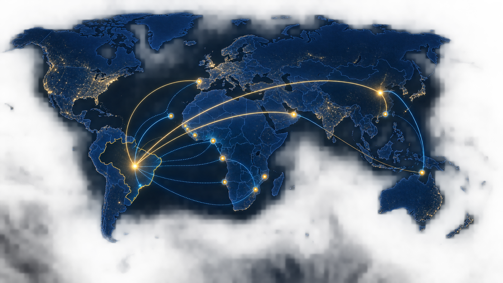 Mapa de conexões internacionais da Interbrands entre Brasil, países de língua portuguesa, Dubai, Macau e China Continental